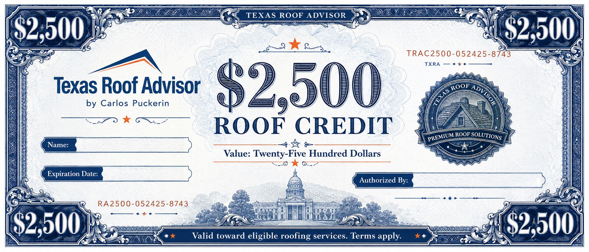 $2,500 Texas Roof Advisor Roof Credit